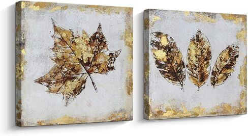 مجموعة لوحات فنية جدارية من القماش من Pinetree Art Gold Maple Leaf لغرفة المعيشة - لوحات فنية مرسومة يدويًا على شكل أوراق شجر متساقطة لتزيين المنزل (ذهبي، 12 × 12 × قطعتين) in Kuwait
