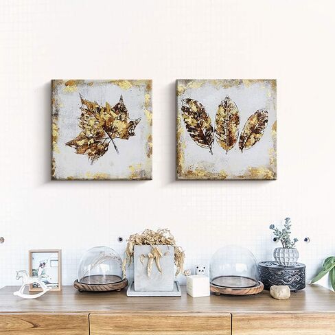 مجموعة لوحات فنية جدارية من القماش من Pinetree Art Gold Maple Leaf لغرفة المعيشة - لوحات فنية مرسومة يدويًا على شكل أوراق شجر متساقطة لتزيين المنزل (ذهبي، 12 × 12 × قطعتين) in Kuwait