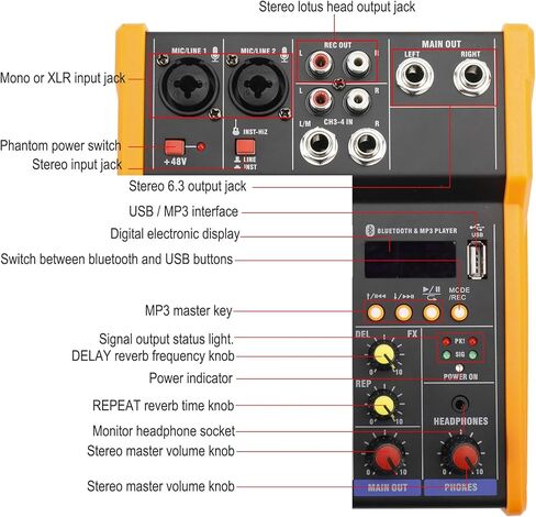4 قنوات صوت خلاط صوت لوحة بلوتوث ستوديو كاريوكي للكمبيوتر الشخصي الأداء المباشر KTV المنزل، تأثيرات الموسيقى المرحلة بطاقة الصوت وحدة تحكم خلط محمولة in Kuwait