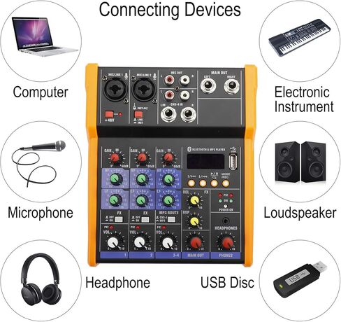4 قنوات صوت خلاط صوت لوحة بلوتوث ستوديو كاريوكي للكمبيوتر الشخصي الأداء المباشر KTV المنزل، تأثيرات الموسيقى المرحلة بطاقة الصوت وحدة تحكم خلط محمولة in Kuwait