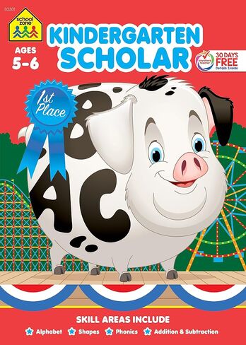 School Zone - Kindergarten Scholar Workbook - 64 Pages, Ages 5 to 6, Alphabet, Phonics, Shapes, Patterns, Counting, Addition & Subtraction, and More in Saudi Arabia