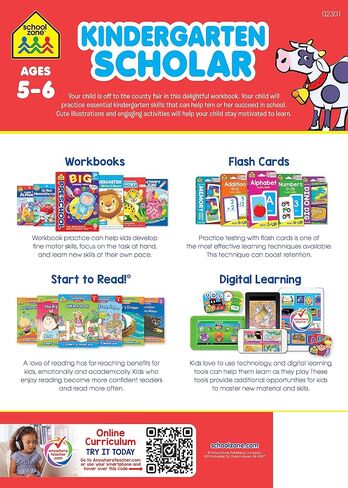 School Zone - Kindergarten Scholar Workbook - 64 Pages, Ages 5 to 6, Alphabet, Phonics, Shapes, Patterns, Counting, Addition & Subtraction, and More in Saudi Arabia