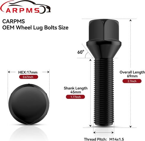 20pcs M14x1.5 Extended Wheel Lug Bolts,Lug Bolts 17mm Hex-45mm Shank-69mm Length Aftermarket Conical Seat Lug Studs in Saudi Arabia