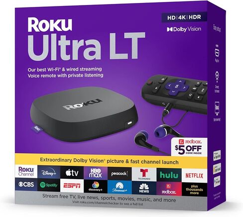 Roku Ultra LT (2023) HD/4K/HDR Dolby Vision مشغل بث رباعي النواة مع كابل HDMI وسماعات رأس وجهاز تحكم عن بعد صوتي مع استماع خاص، إيثرنت (متجدد) in Saudi Arabia