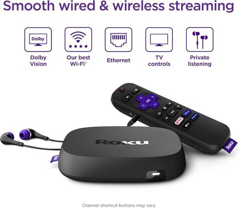 Roku Ultra LT (2023) HD/4K/HDR Dolby Vision مشغل بث رباعي النواة مع كابل HDMI وسماعات رأس وجهاز تحكم عن بعد صوتي مع استماع خاص، إيثرنت (متجدد) in Saudi Arabia