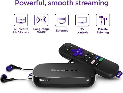 Roku Ultra LT (2023) HD/4K/HDR Dolby Vision مشغل بث رباعي النواة مع كابل HDMI وسماعات رأس وجهاز تحكم عن بعد صوتي مع استماع خاص، إيثرنت (متجدد) in Saudi Arabia