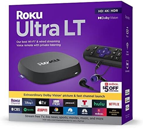 Roku Ultra LT (2023) HD/4K/HDR Dolby Vision مشغل بث رباعي النواة مع كابل HDMI وسماعات رأس وجهاز تحكم عن بعد صوتي مع استماع خاص، إيثرنت (متجدد) in Saudi Arabia