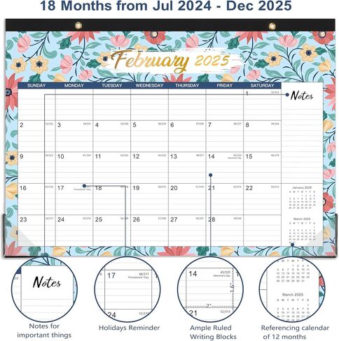 Calendar 2024-2025 - JUL 2024 - DEC 2025, Desk Calendar 2024-2025, 17'' x 12'', 18 Months Academic Calendar 2024-2025 Planner with Cutting Lines, Corner Protector, Note Section for Daily Planning in Saudi Arabia