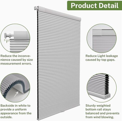 ظلال خلوية بدون حفر، ألوان متطابقة بدون أدوات، ستائر خلوية، ستائر وظلال بتصميم قرص العسل لمكتب غرفة النوافذ (رمادي معتم، 36 بوصة عرض × 64 بوصة ارتفاع) in Kuwait