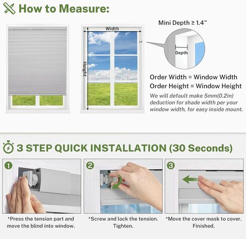 ظلال خلوية بدون حفر، ألوان متطابقة بدون أدوات، ستائر خلوية، ستائر وظلال بتصميم قرص العسل لمكتب غرفة النوافذ (رمادي معتم، 36 بوصة عرض × 64 بوصة ارتفاع) in Kuwait