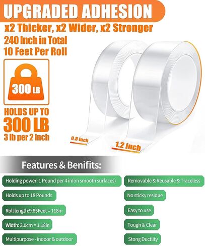 شريط لاصق مزدوج الجوانب كبير جدًا وشديد التحمل مقاس 120 × 0.79 بوصة عبوتان - شريط تثبيت شفاف متعدد الأغراض وقابل للإزالة - شريط جداري قوي قابل لإعادة الاستخدام لتعليق الصور... in Kuwait