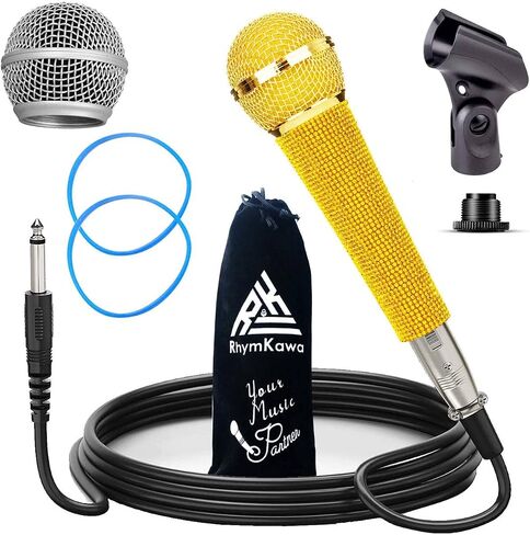 ميكروفون ديناميكي صوتي ذهبي مع كابل XLR بطول 3.5 متر، وحامل مشبك ومحولات صواميل 5/8 بوصة إلى 3/8 بوصة لتوصيل نظام الكاريوكي لآلة الغناء، ومقبض ميكروفون سلكي ذهبي على شكل قلب وأحجار الراين اللامعة، جسم معدني أسود in Saudi Arabia