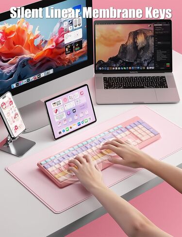 لوحة مفاتيح جمالية ملونة لاسلكية 2.4 جيجا هرتز/بلوتوث 106 مفتاح مع أغطية مفاتيح رقمية منخفضة المستوى، مفاتيح ميكانيكية خطية صامتة مريحة لجهاز Mac/Win، بطارية AAA واحدة، وردي جميل in Kuwait