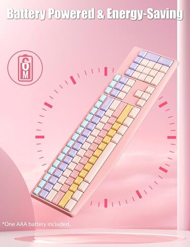 لوحة مفاتيح جمالية ملونة لاسلكية 2.4 جيجا هرتز/بلوتوث 106 مفتاح مع أغطية مفاتيح رقمية منخفضة المستوى، مفاتيح ميكانيكية خطية صامتة مريحة لجهاز Mac/Win، بطارية AAA واحدة، وردي جميل in Kuwait