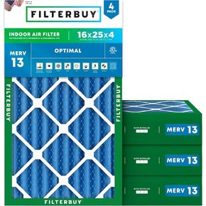 Filterbuy 16x25x4 Air Filter MERV 13 Optimal Defense (4-Pack), Pleated HVAC AC Furnace Air Filters Replacement (Actual Size: 15.38 x 24.38 x 3.63 Inches)