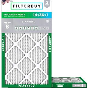 Filterbuy 14x36x1 Air Filter MERV 8 Dust Defense (2-Pack), Pleated HVAC AC Furnace Air Filters Replacement (Actual Size: 13.50 x 35.50 x 0.75 Inches)