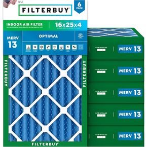 Filterbuy 16x25x4 Air Filter MERV 13 Optimal Defense (6-Pack), Pleated HVAC AC Furnace Air Filters Replacement (Actual Size: 15.38 x 24.38 x 3.63 Inches)