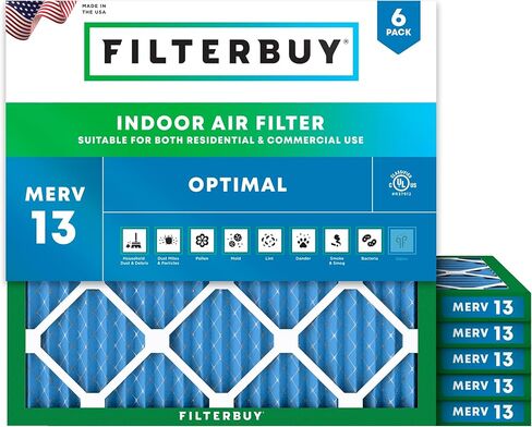 فلتر هواء Filterbuy 16x25x4 MERV 13 Optimal Defense (6 عبوات)، استبدال مرشحات هواء فرن HVAC AC المطوية (الحجم الفعلي: 15.38 × 24.38 × 3.63 بوصة) in Kuwait