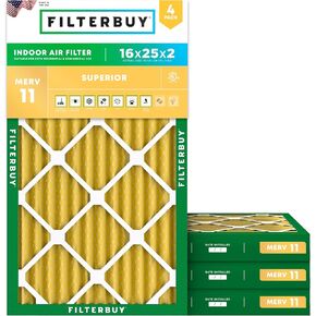 Filterbuy 16x25x2 Air Filter MERV 11 Allergen Defense (4-Pack), Pleated HVAC AC Furnace Air Filters Replacement (Actual Size: 15.50 x 24.50 x 1.75 Inches)