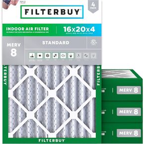 Filterbuy 16x20x4 Air Filter MERV 8 Dust Defense (4-Pack), Pleated HVAC AC Furnace Air Filters Replacement (Actual Size: 15.38 x 19.38 x 3.63 Inches)