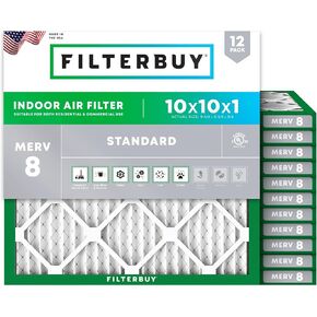Filterbuy 10x10x1 Air Filter MERV 8 Dust Defense (12-Pack), Pleated HVAC AC Furnace Air Filters Replacement (Actual Size: 9.50 x 9.50 x 0.75 Inches)