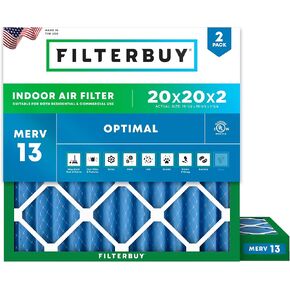 Filterbuy 20x20x2 Air Filter MERV 13 Optimal Defense (2-Pack), Pleated HVAC AC Furnace Air Filters Replacement (Actual Size: 19.50 x 19.50 x 1.75 Inches)
