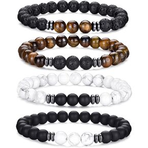 RANKEEF Tiger Eye Bracelet For Men 8MM Natural Stone Beads Bracelet Set Stretch Lava Rock Bracelets Adjustable Black Crystal Beaded Bracelet for Men Women Gifts