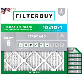 Filterbuy 10x10x1 Air Filter MERV 8 Dust Defense (6-Pack), Pleated HVAC AC Furnace Air Filters Replacement (Actual Size: 9.50 x 9.50 x 0.75 Inches)