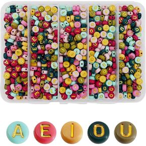 Amaney Vowel Letter Beads A 100pcs 7x4mm White Round Acrylic Gold Alphabet for Bracelet Jewelry Making