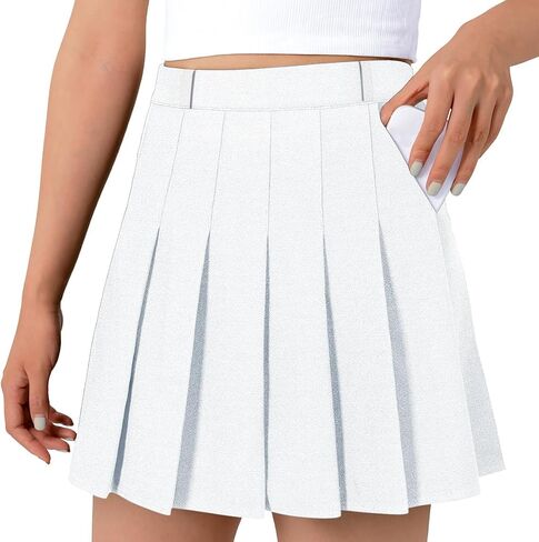 Women's High Waisted Pleated Skater Tennis School A-Line Skirt Uniform Skirts with Lining Shorts White, US L in Saudi Arabia