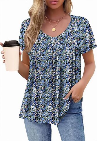 HOTOUCH Womens Flutter Sleeve Pleated Tunic Plus Size Tops Casual V Neck Blouses Loose Boho Floral Short Sleeve Summer Shirts in Kuwait