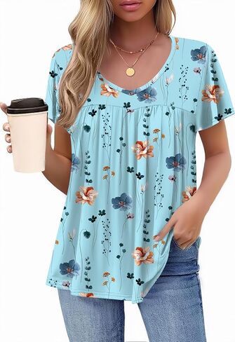 HOTOUCH Womens Flutter Sleeve Pleated Tunic Plus Size Tops Casual V Neck Blouses Loose Boho Floral Short Sleeve Summer Shirts in Kuwait