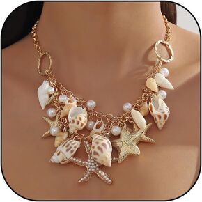 HUASAI Beach Shell Charm Necklace for Women Summer Starfish Shell Necklace Layered Boho Dainty Gold Necklace Summer Jewelry Stuff Beach Accessories Country Concert Outfits for Women