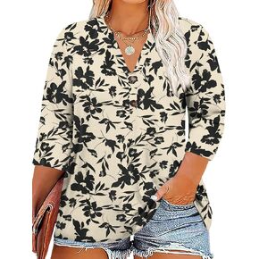 Chulianyouhuo Womens Plus Size 3/4 Sleeve Tops Casual V Neck Button Tee Shirts Basic Loose Fit Tunic Blouse in Kuwait