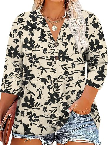Chulianyouhuo Womens Plus Size 3/4 Sleeve Tops Casual V Neck Button Tee Shirts Basic Loose Fit Tunic Blouse in Kuwait