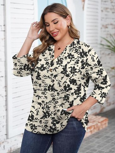 Chulianyouhuo Womens Plus Size 3/4 Sleeve Tops Casual V Neck Button Tee Shirts Basic Loose Fit Tunic Blouse in Kuwait