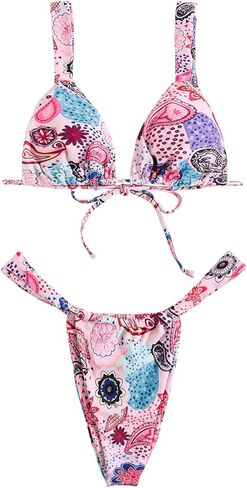 Women's High Waisted Bikini Set Floral Print Spaghetti Strap Smocked Wireless Bathing Suit Swimsuit 2 Piece Set in Kuwait