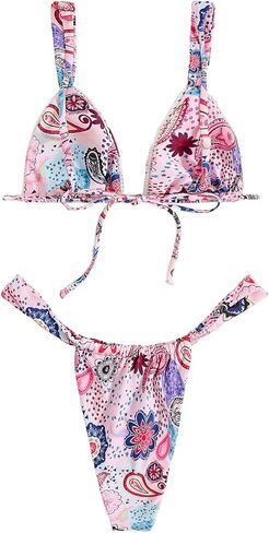 Women's High Waisted Bikini Set Floral Print Spaghetti Strap Smocked Wireless Bathing Suit Swimsuit 2 Piece Set in Kuwait