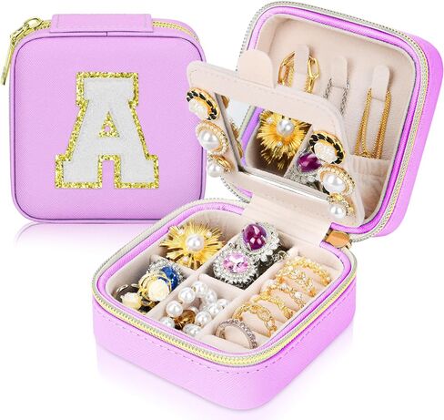 Initial Travel Jewelry Box Case Organizer, Teen Girls Gifts, Small Personalized Preppy Birthday Christmas Gifts for Girls Women Wife, Ring Necklace Earring Organizer Box, Purple M in Kuwait
