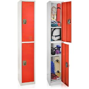 AdirOffice Large School Locker with 2 Doors 2 Hooks Storage Locker for Garage Storage - Office Storage Lockers (2 Door, Red)