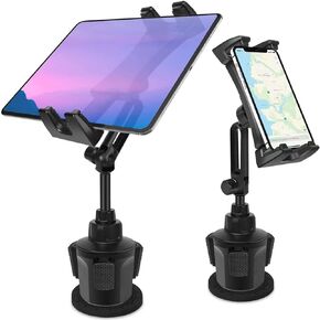 Car Cup Holder Tablet Mount & Phone Cradle Stand Truck for iPad Pro 9.7, 11, 12.9 Air Mini 5 4 3 2, Samsung Galaxy Tabs, iPhone 15 14 Pro, 4.7"-12.9" Smartphone Tab, Adjustable Long Arm, 360º Rotating