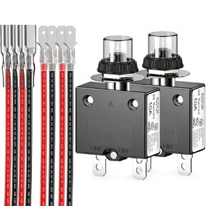 Thermal Circuit Breaker,98 Series 5A 125/250VAC 32VDC Circuit Breaker Push-Button Reset with Quick Connect Terminals and Waterproof Button Cover 20cm Terminal Wire 5Amp 2Pcs
