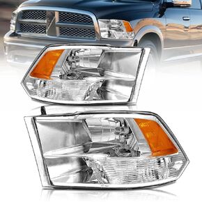 Headlight Assembly Compatible with 2009 2010 2011 2012 2013 2014 2015 2016 2017 2018 Dodge Ram 1500/10 11 12 13 14 15 16 17 18 Dodge Ram 2500/3500 Pickup QUAD Chrome Housing Pair