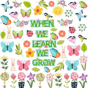 101Pcs Spring Bulletin Board Decorations Set Plants Floral Classroom Decor Butterfly Flower Bird Paper Cutouts for Kids School Preschool Home Classroom Spring Party