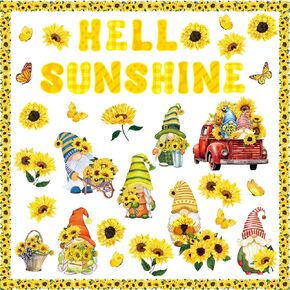Faccito 70 Pcs Sunflower Bulletin Board Decorations Set Summer Classroom Decor Hello Sunshine Butterfly Gnome Paper Cutouts with Borders for Office School Summer Birthday Party Supplies