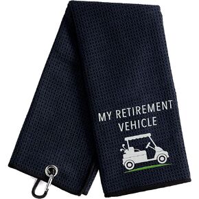 My Retirement Vehicle Funny Black Golf Towel, Embroidered Golf Towels for Golf Bags with Clip, Golf Towel for Dad, Men, Grandpa, Golf Fan Colleague Retirement Birthday Gifts