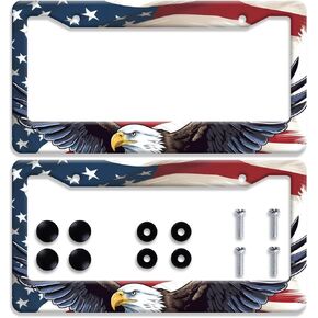 2Pcs American Flag Eagle License Plate Frame Patriotic Eagle License Plate Colorful Stainless Steel Rust-Proof Auto Parts Funny License Plate Cover Decoration with Screws Size 12.3 "x 6.3" Men Women