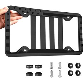 RED WOLF Silicone License Plate Frame American Flag Auto Tag Cover, Subdued 3D Stars and Stripes USA Flag Front Rear License Plate Bracket Holder, Black Rattle Proof w/Mounting Accessories