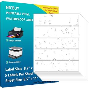 100 Pcs Water Bottle Labels 8.2x2 inch Printable Glossy White Waterproof Vinyl Sticker Labels for Inkjet or Laser Printer