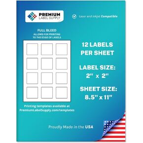 Premium Label Supply White Sticker Square Labels with Bleed – 2" x 2" – Laser/Inkjet Compatible – (12 Labels/Sheet), 25 Sheets – 300 Total Adhesive Labels